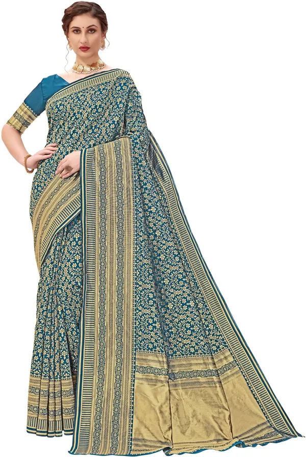 Light_Blue_Banarasi_Silk_Blend_Jacquard_Floral_Jaal_Woven_Saree_For_Women_|_With_Blouse_Piece