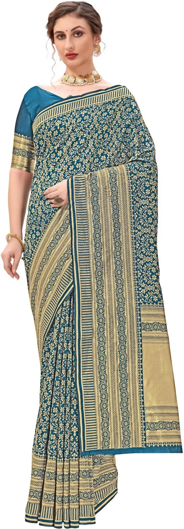 Light_Blue_Banarasi_Silk_Blend_Jacquard_Floral_Jaal_Woven_Saree_For_Women_|_With_Blouse_Piece