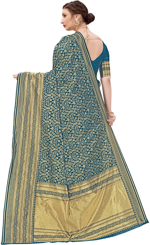 Light_Blue_Banarasi_Silk_Blend_Jacquard_Floral_Jaal_Woven_Saree_For_Women_|_With_Blouse_Piece