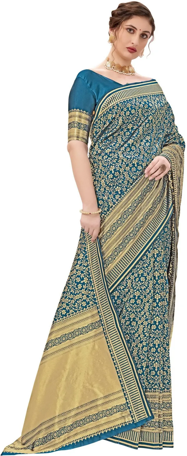 Light_Blue_Banarasi_Silk_Blend_Jacquard_Floral_Jaal_Woven_Saree_For_Women_|_With_Blouse_Piece