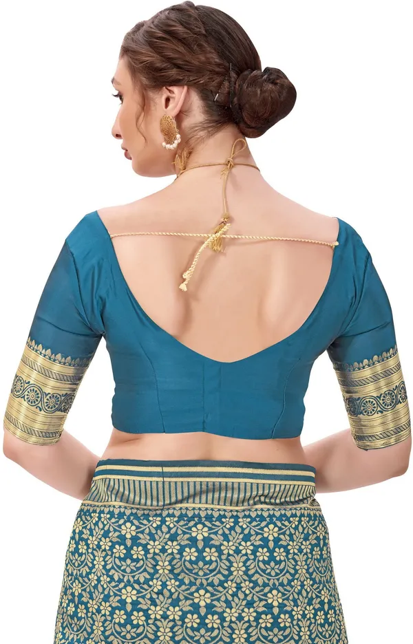 Light_Blue_Banarasi_Silk_Blend_Jacquard_Floral_Jaal_Woven_Saree_For_Women_|_With_Blouse_Piece