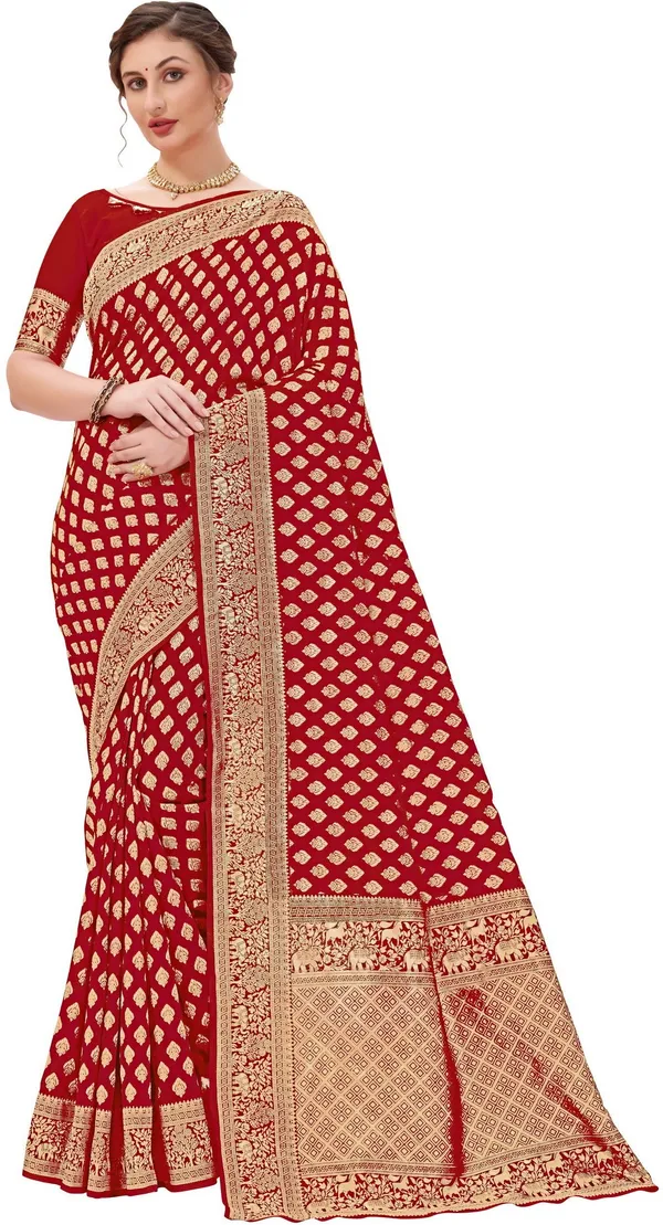 Red_Banarasi_Silk_Blend_Woven_Jacquard_Butti_Saree_For_Women_|_With_Blouse_Piece