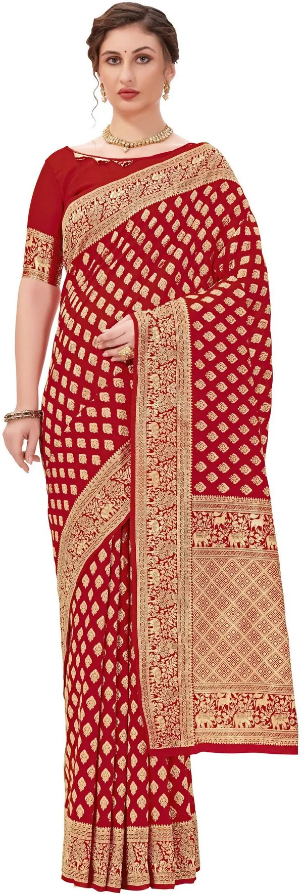 Red_Banarasi_Silk_Blend_Woven_Jacquard_Butti_Saree_For_Women_|_With_Blouse_Piece