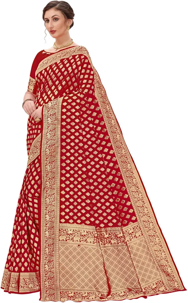Red_Banarasi_Silk_Blend_Woven_Jacquard_Butti_Saree_For_Women_|_With_Blouse_Piece