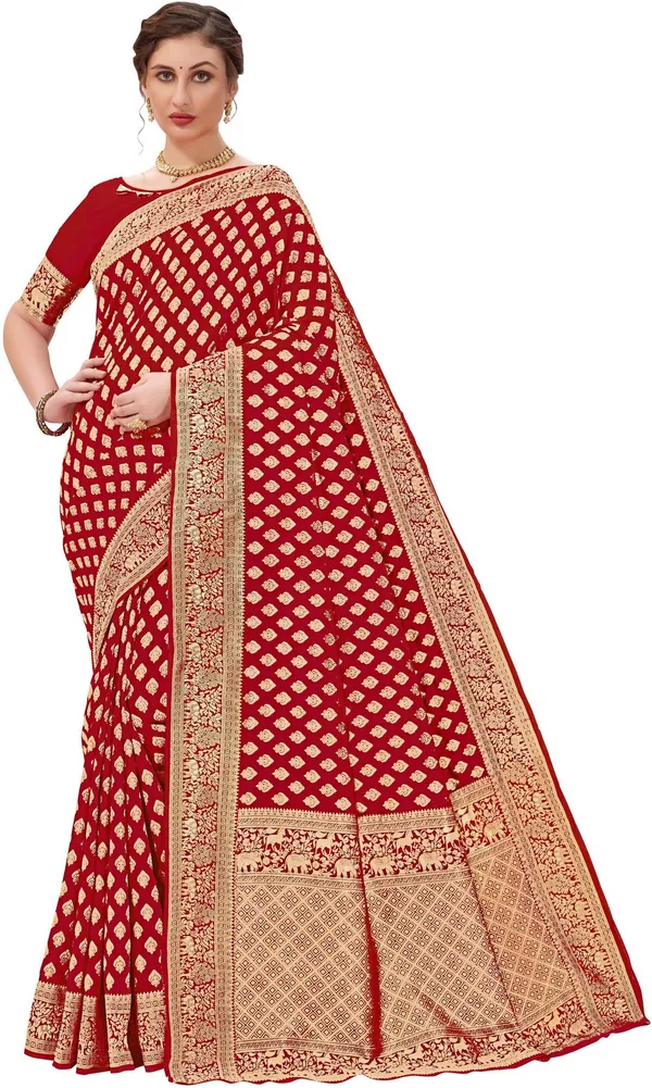 Red_Banarasi_Silk_Blend_Woven_Jacquard_Butti_Saree_For_Women_|_With_Blouse_Piece