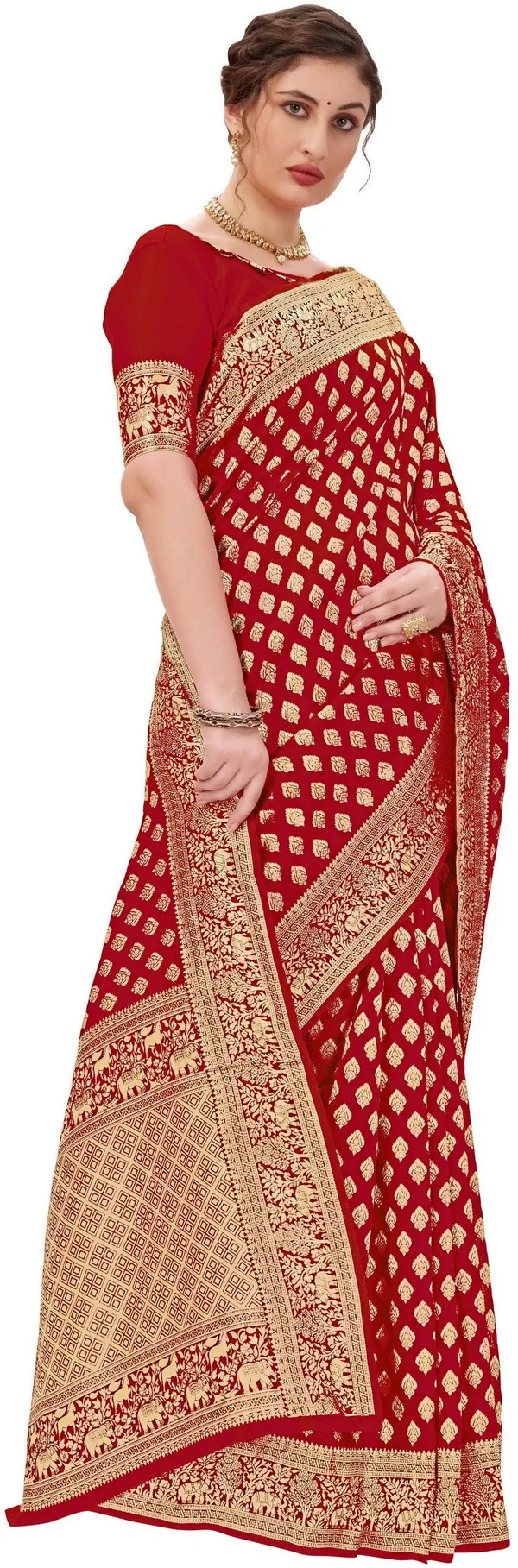 Red_Banarasi_Silk_Blend_Woven_Jacquard_Butti_Saree_For_Women_|_With_Blouse_Piece