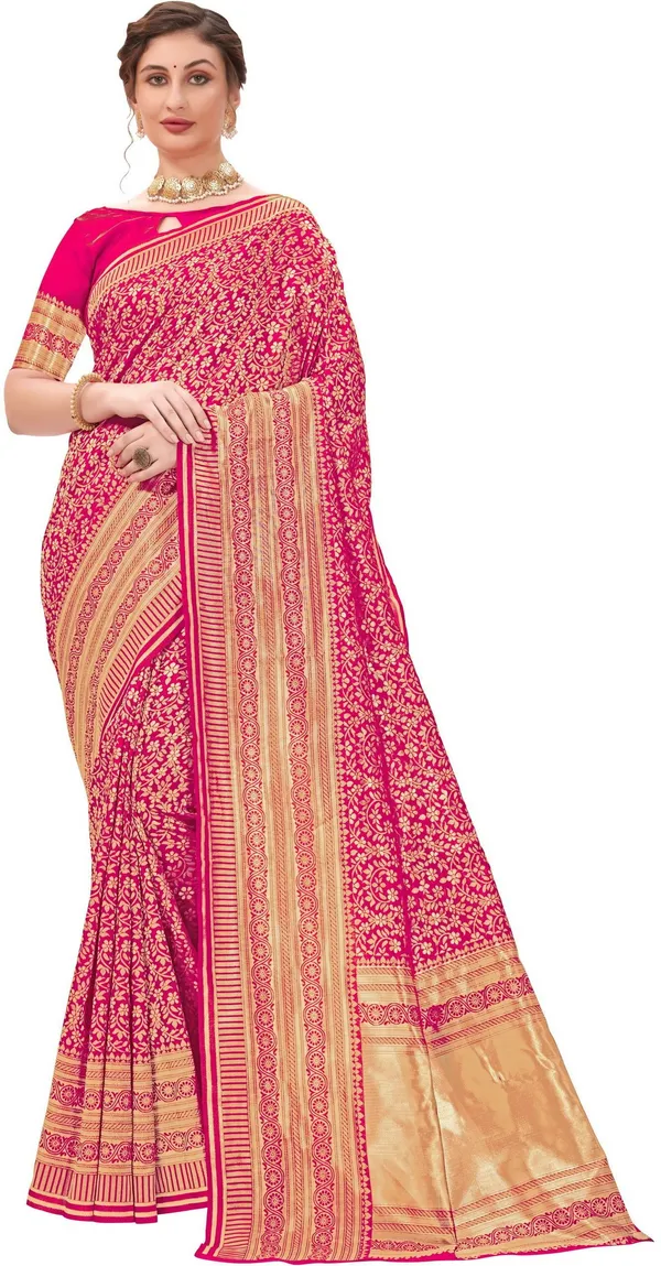 Pink_Banarasi_Silk_Blend_Jacquard_Floral_Jaal_Saree_For_Women_|_With_Blouse_Piece