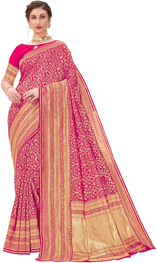 Pink_Banarasi_Silk_Blend_Jacquard_Floral_Jaal_Saree_For_Women_|_With_Blouse_Piece