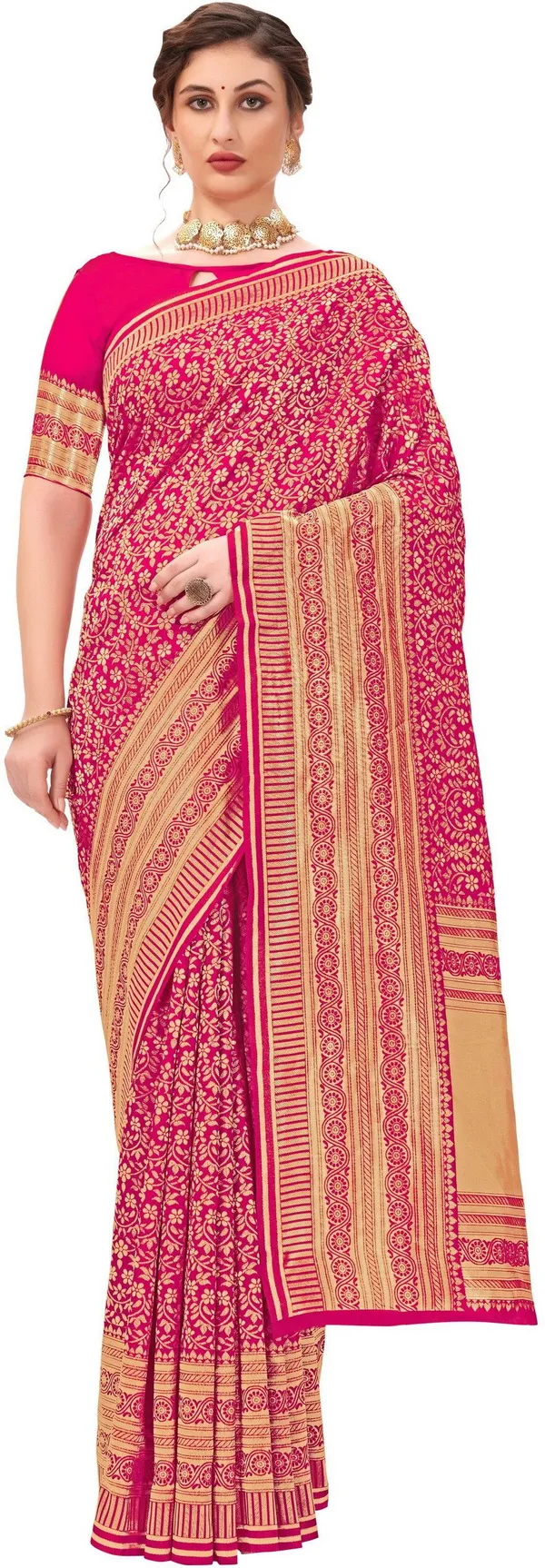 Pink_Banarasi_Silk_Blend_Jacquard_Floral_Jaal_Saree_For_Women_|_With_Blouse_Piece