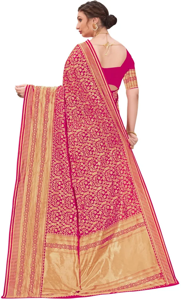 Pink_Banarasi_Silk_Blend_Jacquard_Floral_Jaal_Saree_For_Women_|_With_Blouse_Piece