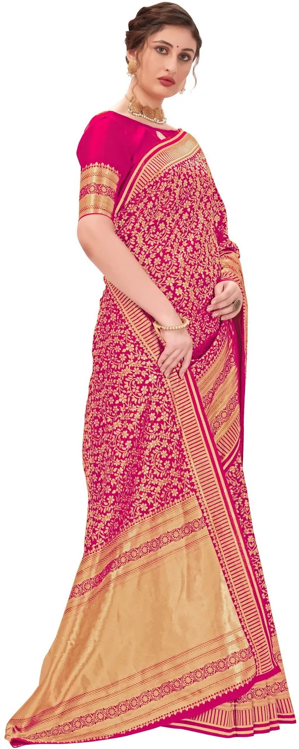 Pink_Banarasi_Silk_Blend_Jacquard_Floral_Jaal_Saree_For_Women_|_With_Blouse_Piece