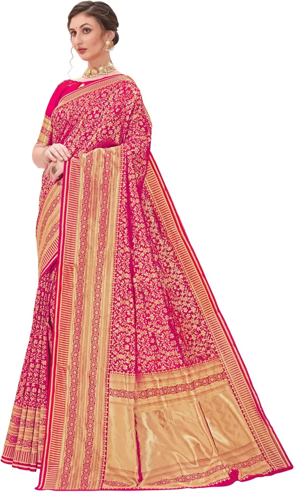 Pink_Banarasi_Silk_Blend_Jacquard_Floral_Jaal_Saree_For_Women_|_With_Blouse_Piece