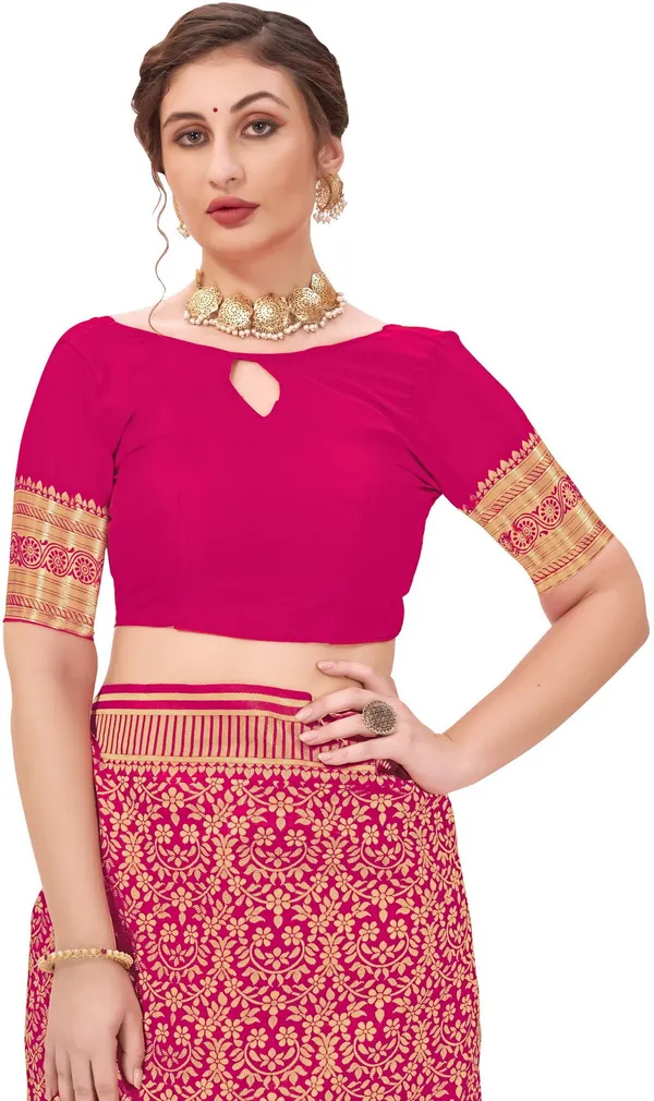 Pink_Banarasi_Silk_Blend_Jacquard_Floral_Jaal_Saree_For_Women_|_With_Blouse_Piece