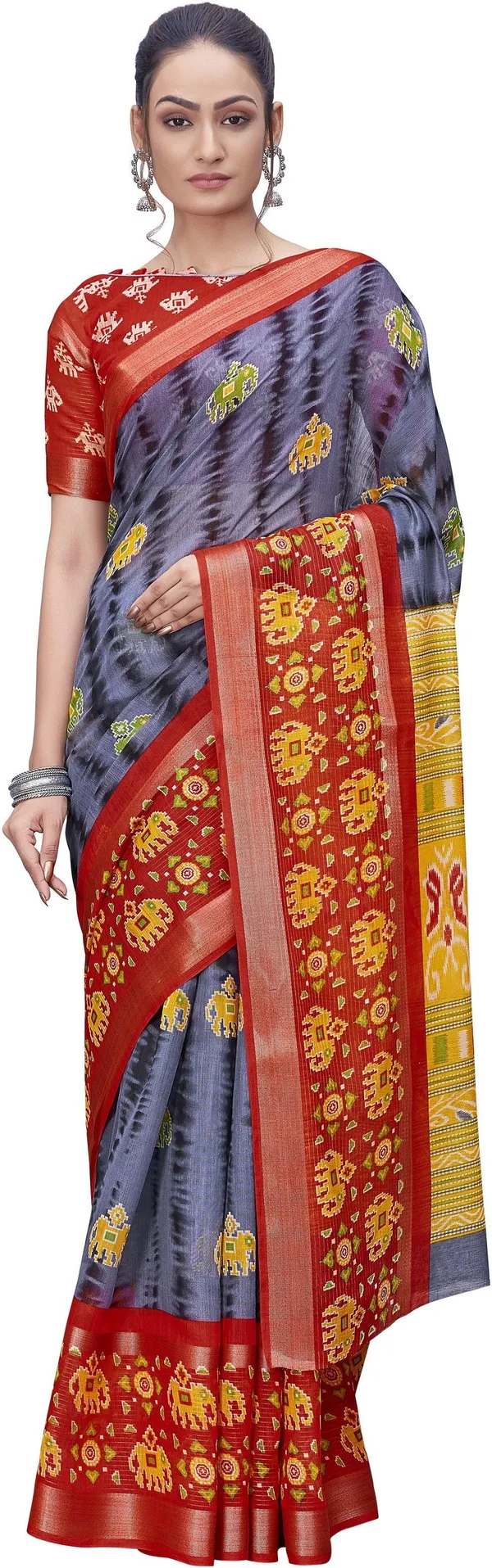 Sariya_Red_Grey_Cotton_Silk_Shibori_Print_Zari_Border_Saree_For_Women_|_With_Blouse_Piece