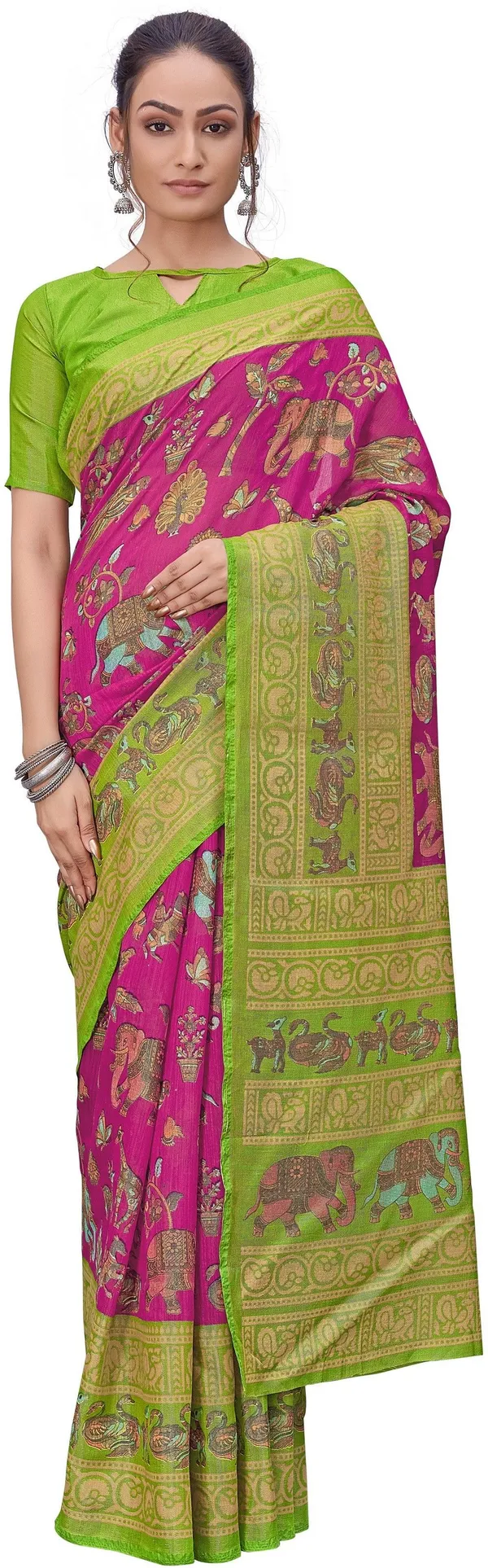 Green_Pink_Brasso_Printed_Kalamkari_Saree_For_Women_|_With_Blouse_Piece