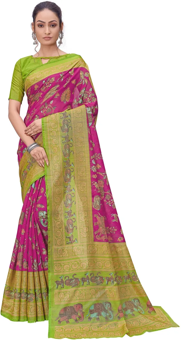 Green_Pink_Brasso_Printed_Kalamkari_Saree_For_Women_|_With_Blouse_Piece