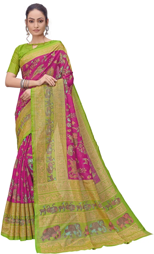 Green_Pink_Brasso_Printed_Kalamkari_Saree_For_Women_|_With_Blouse_Piece