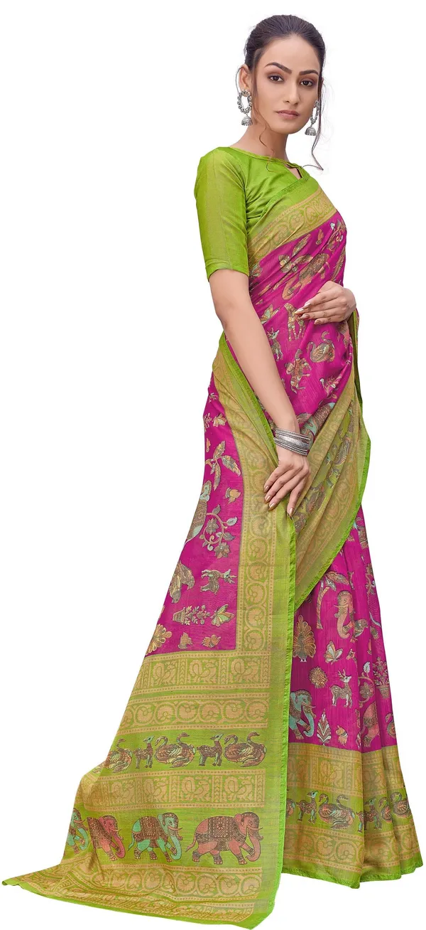 Green_Pink_Brasso_Printed_Kalamkari_Saree_For_Women_|_With_Blouse_Piece