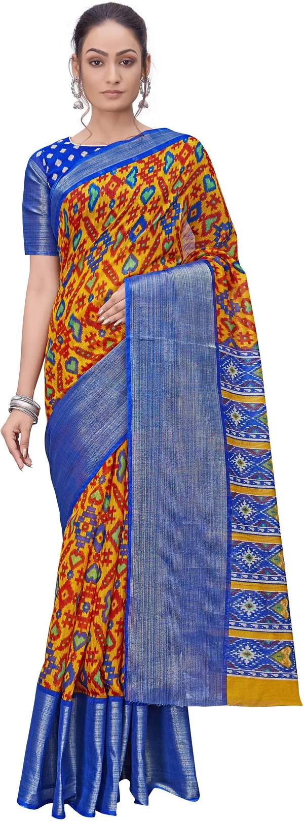 Blue_Mustard_Cotton_Silk_Patola_Print_Saree_For_Women_|_With_Blouse_Piece