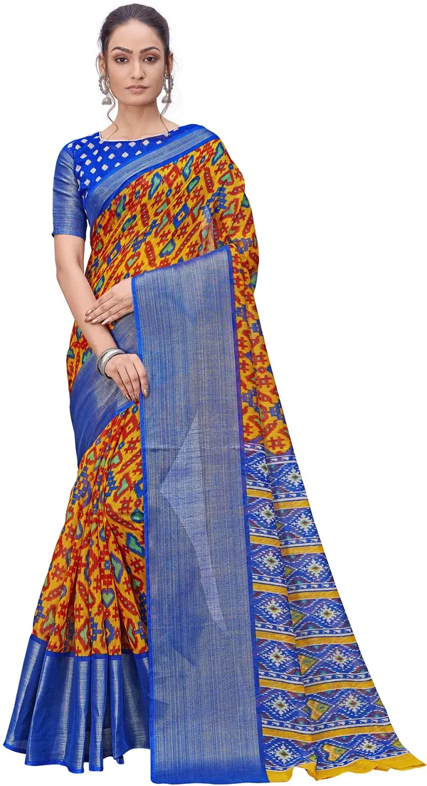 Blue_Mustard_Cotton_Silk_Patola_Print_Saree_For_Women_|_With_Blouse_Piece