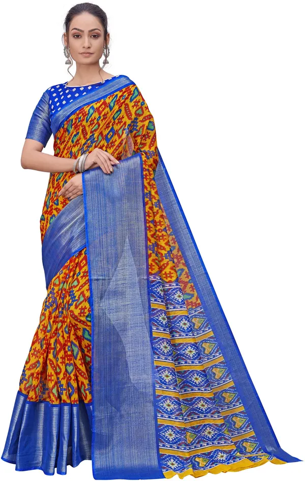 Blue_Mustard_Cotton_Silk_Patola_Print_Saree_For_Women_|_With_Blouse_Piece