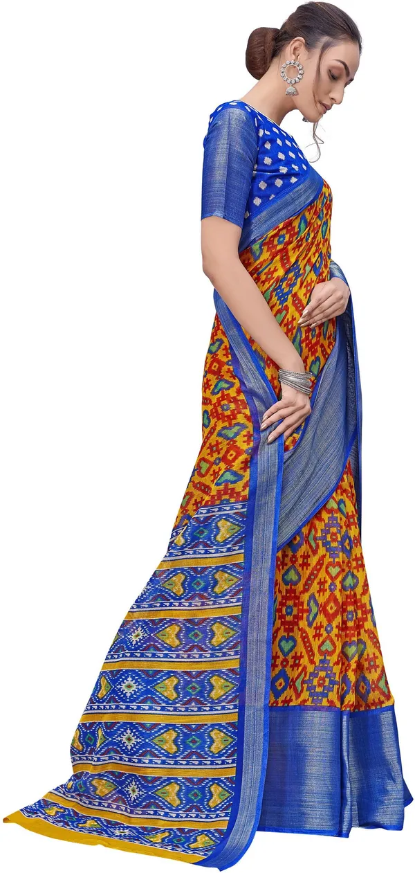 Blue_Mustard_Cotton_Silk_Patola_Print_Saree_For_Women_|_With_Blouse_Piece