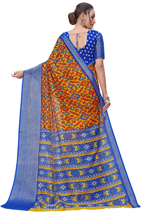 Blue_Mustard_Cotton_Silk_Patola_Print_Saree_For_Women_|_With_Blouse_Piece