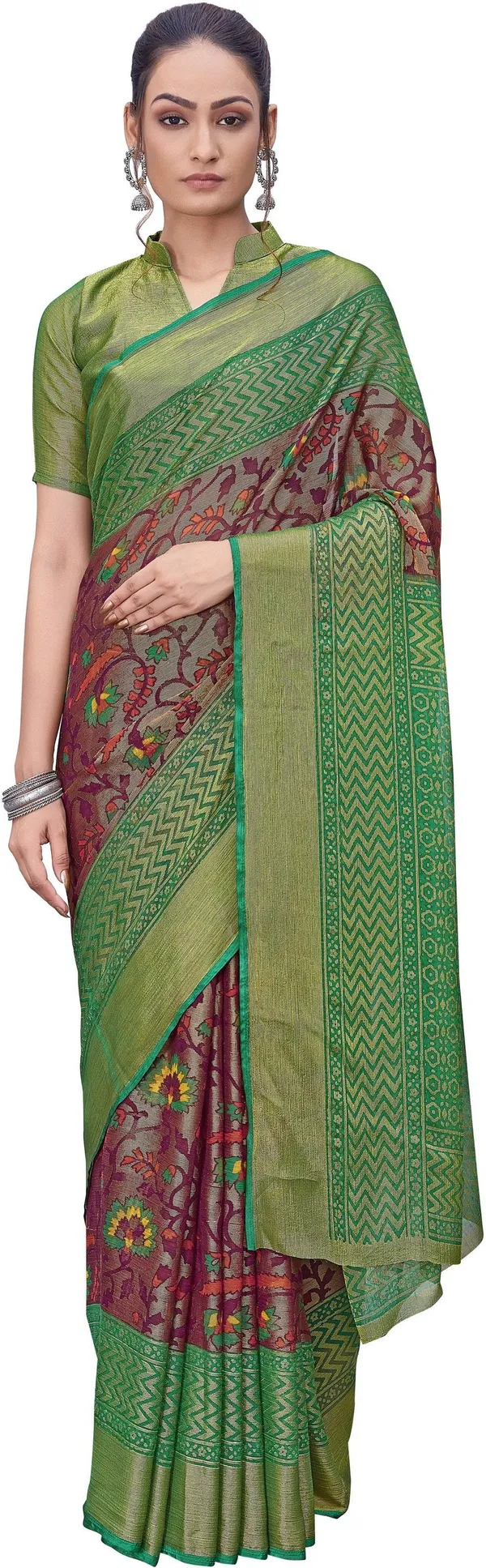 Purple_Green_Brasso_Ikkat_Printed_Saree_For_Women_|_With_Blouse_Piece