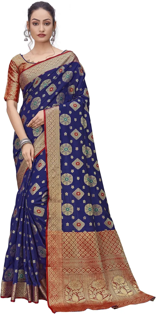 Red_Blue_Banarasi_Silk_Blend_Woven_Jacquard_Saree_For_Women_|_With_Blouse_Piece