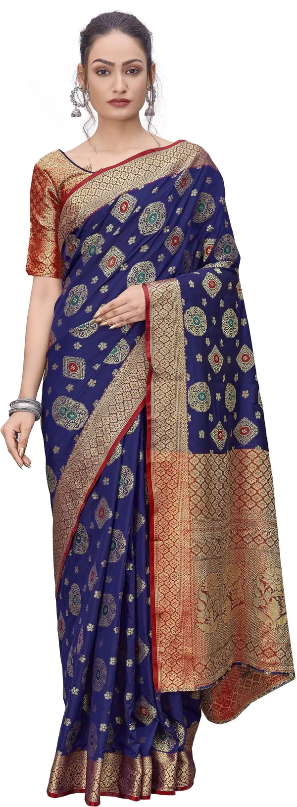 Red_Blue_Banarasi_Silk_Blend_Woven_Jacquard_Saree_For_Women_|_With_Blouse_Piece