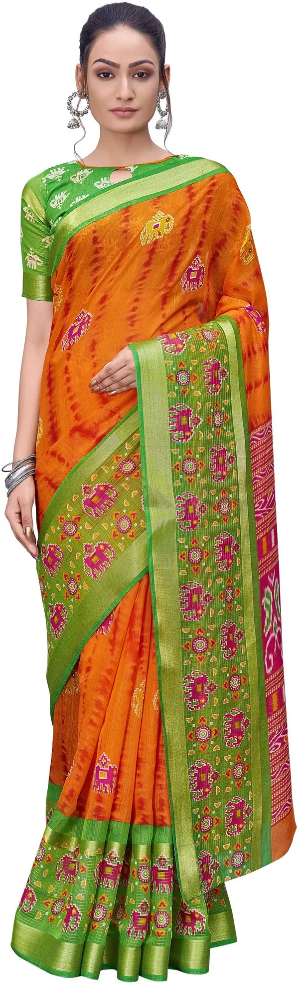 Green_Orange_Cotton_Silk_Kalamkari_Shibori_Printed_Saree_For_Women_|_With_Blouse_Piece