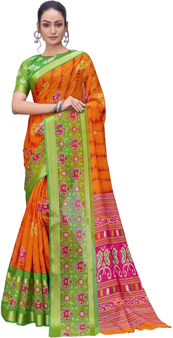 Green_Orange_Cotton_Silk_Kalamkari_Shibori_Printed_Saree_For_Women_|_With_Blouse_Piece
