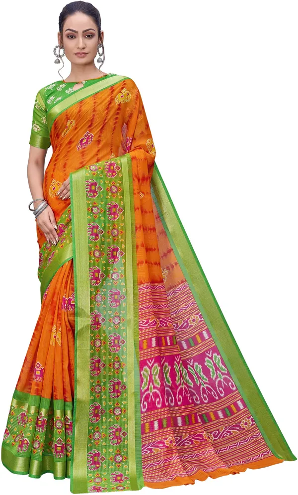 Green_Orange_Cotton_Silk_Kalamkari_Shibori_Printed_Saree_For_Women_|_With_Blouse_Piece