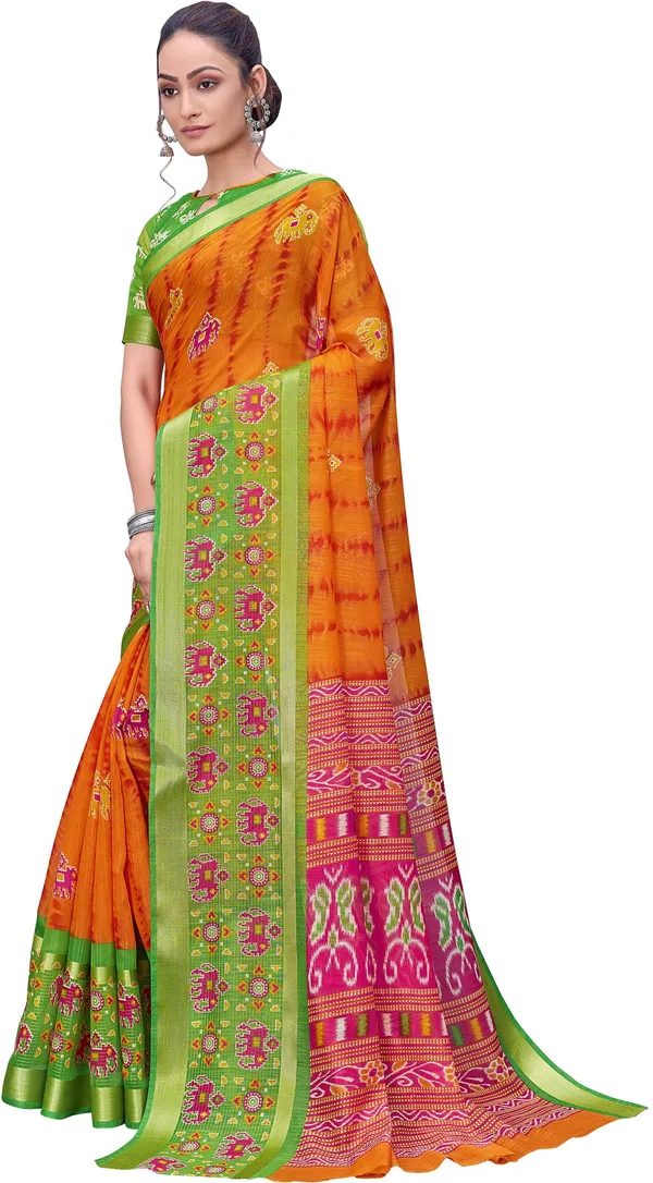 Green_Orange_Cotton_Silk_Kalamkari_Shibori_Printed_Saree_For_Women_|_With_Blouse_Piece