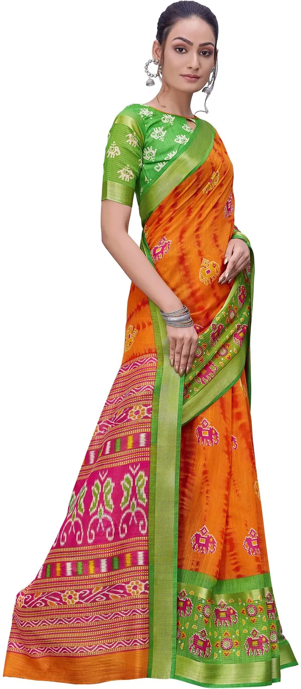 Green_Orange_Cotton_Silk_Kalamkari_Shibori_Printed_Saree_For_Women_|_With_Blouse_Piece