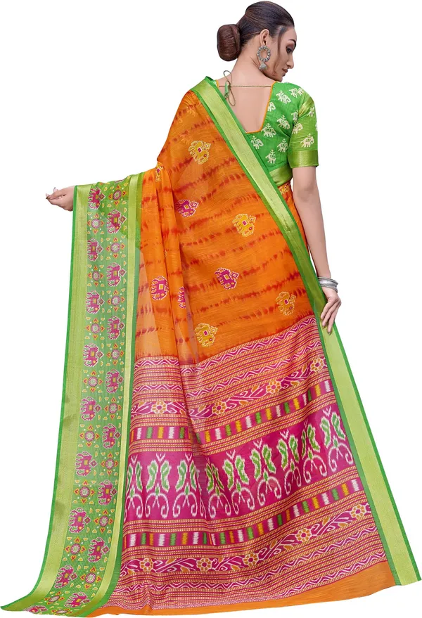 Green_Orange_Cotton_Silk_Kalamkari_Shibori_Printed_Saree_For_Women_|_With_Blouse_Piece