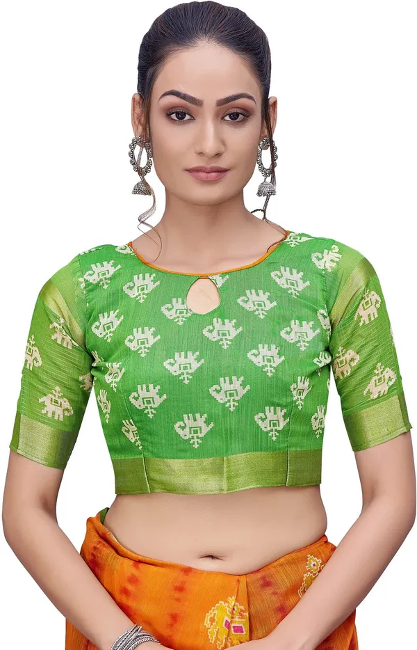 Green_Orange_Cotton_Silk_Kalamkari_Shibori_Printed_Saree_For_Women_|_With_Blouse_Piece