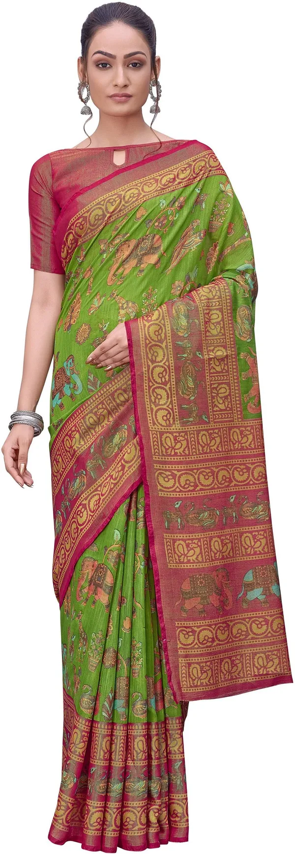 Green_Pink_Brasso_Kalamkari_Printed_Saree_For_Women_|_With_Blouse_Piece