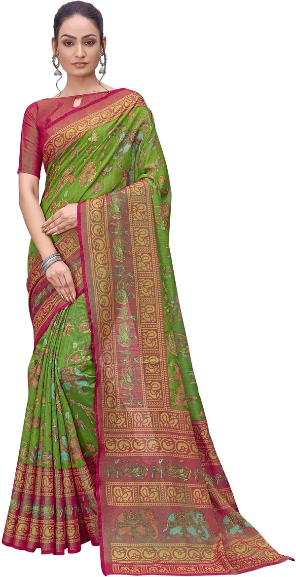 Green_Pink_Brasso_Kalamkari_Printed_Saree_For_Women_|_With_Blouse_Piece