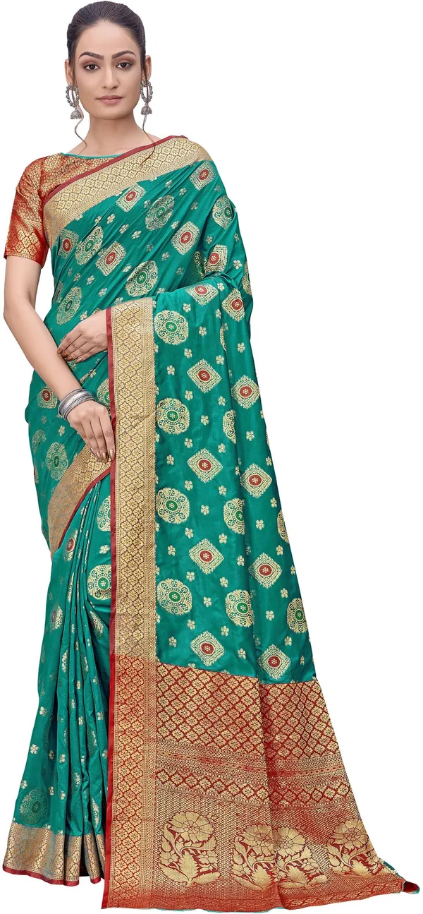 Red_Green_Banarasi_Silk_Blend_Jacquard_Woven_Saree_For_Women_|_With_Blouse_Piece