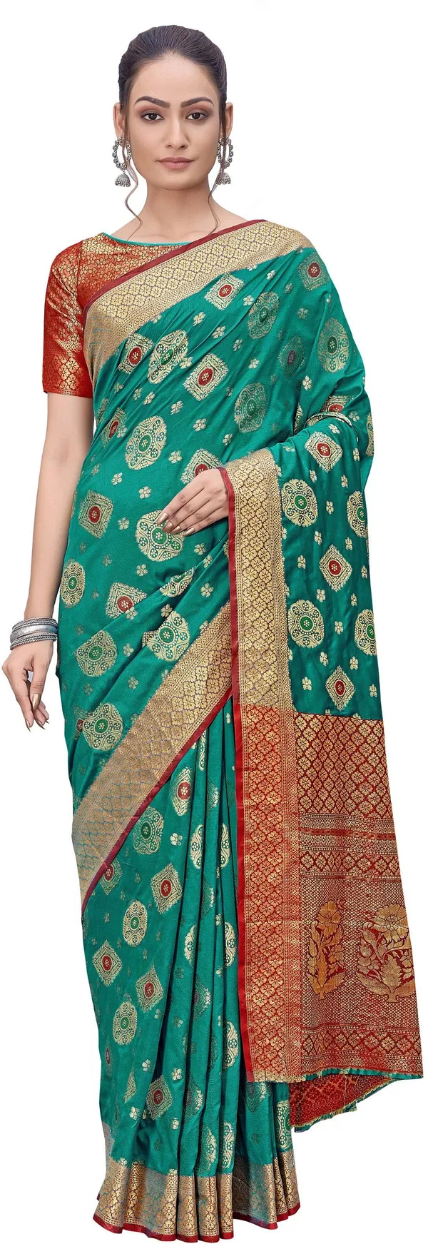 Red_Green_Banarasi_Silk_Blend_Jacquard_Woven_Saree_For_Women_|_With_Blouse_Piece