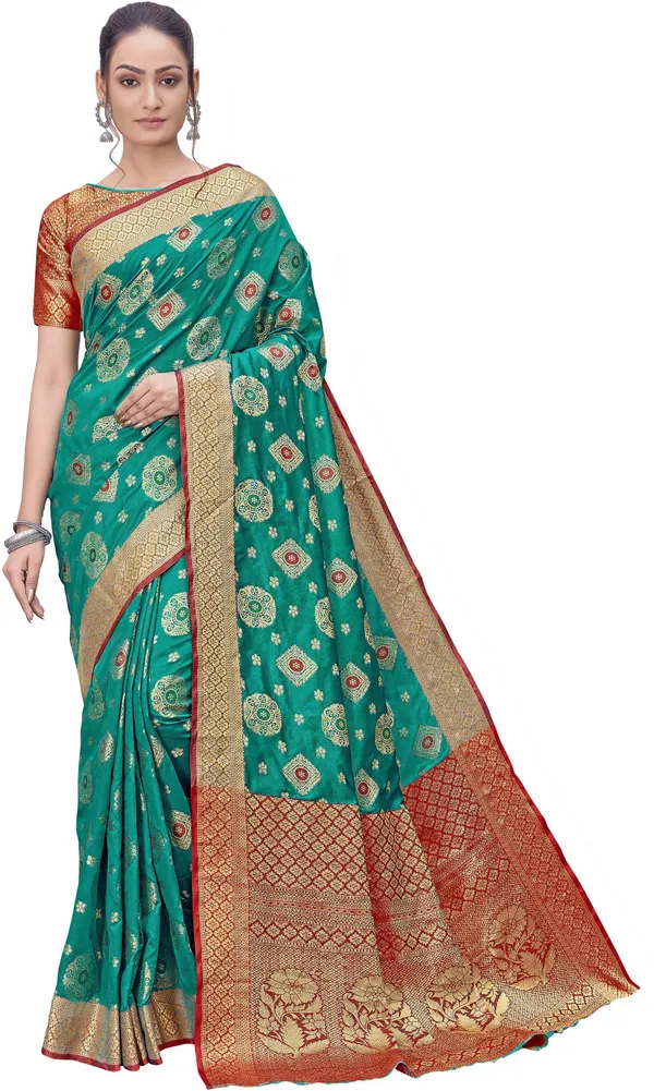 Red_Green_Banarasi_Silk_Blend_Jacquard_Woven_Saree_For_Women_|_With_Blouse_Piece