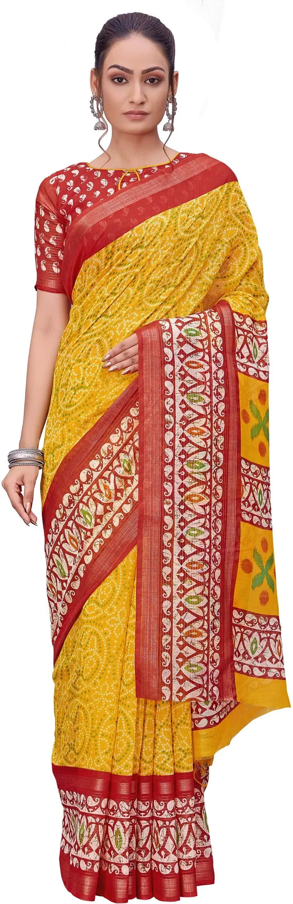 Red_Yellow_Bandhani_Cotton_Silk_Printed_Saree_For_Women_|_With_Blouse_Piece