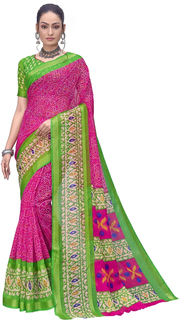 Green_Pink_Cotton_Silk_Bandhani_Printed_Rajwadi_Saree_For_Women_|_With_Blouse_Piece