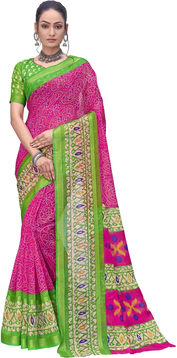 Green_Pink_Cotton_Silk_Bandhani_Printed_Rajwadi_Saree_For_Women_|_With_Blouse_Piece