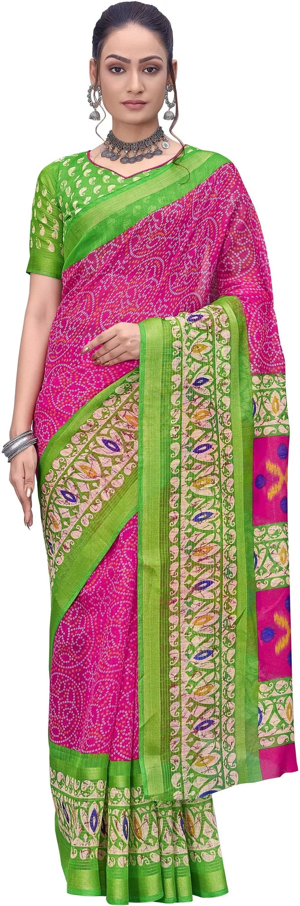 Green_Pink_Cotton_Silk_Bandhani_Printed_Rajwadi_Saree_For_Women_|_With_Blouse_Piece