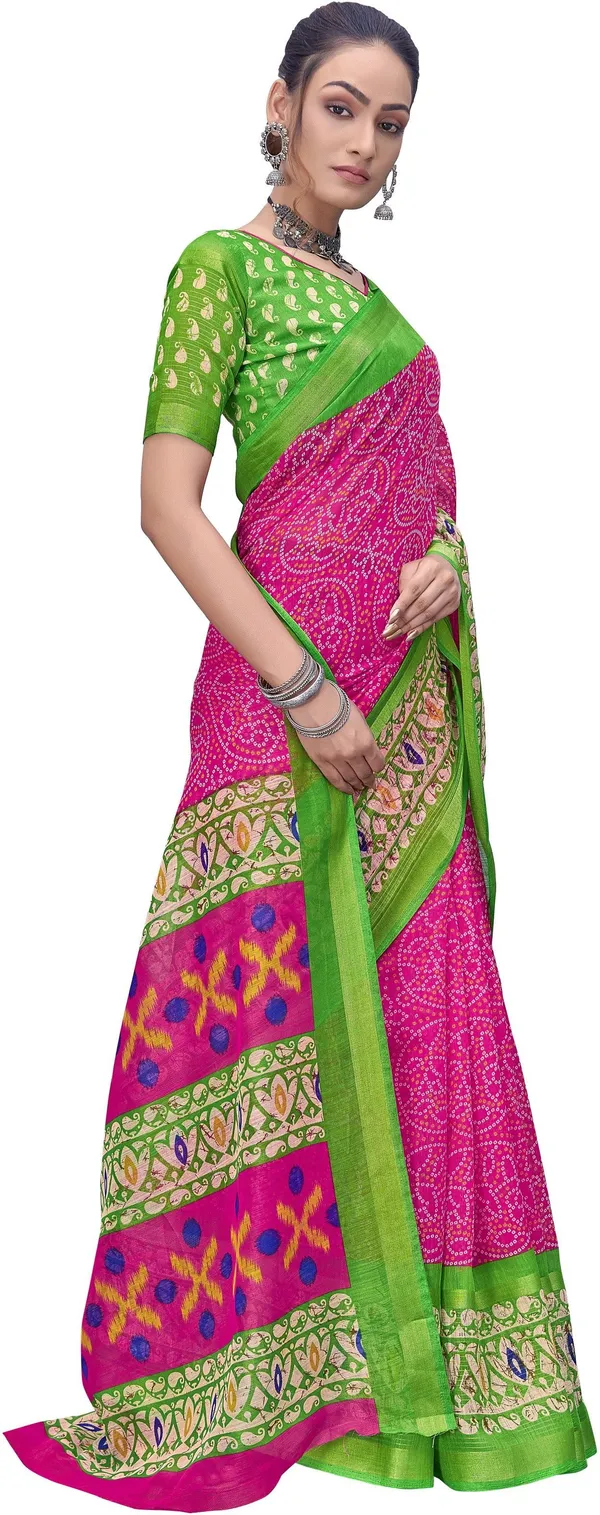 Green_Pink_Cotton_Silk_Bandhani_Printed_Rajwadi_Saree_For_Women_|_With_Blouse_Piece