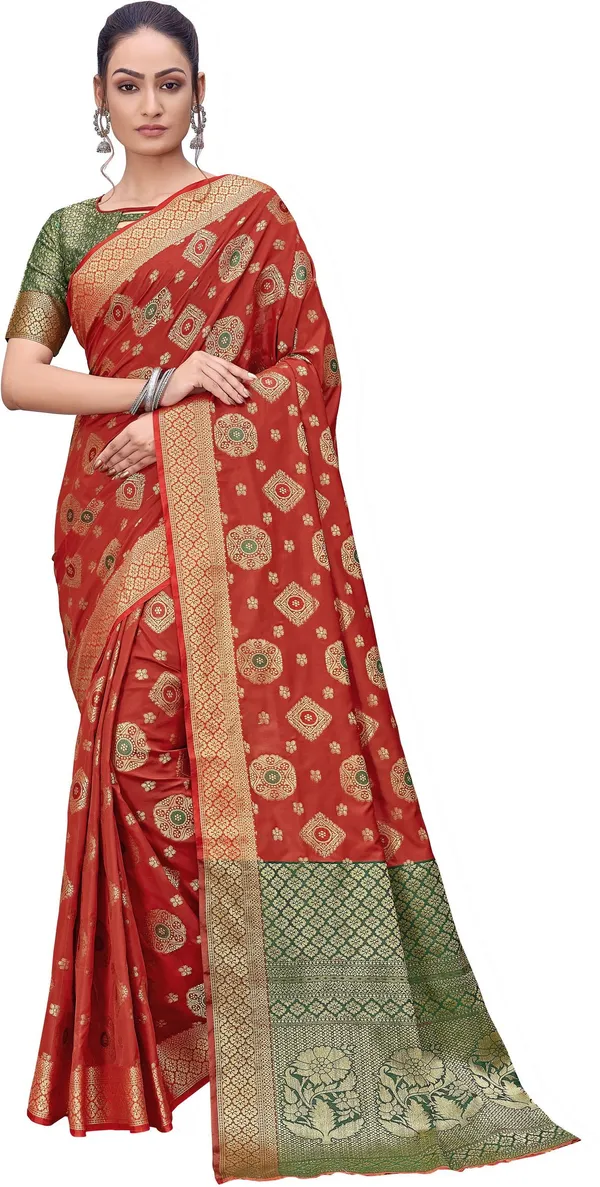 Red_Green_Banarasi_Silk_Blend_Woven_Jacquard_Saree_For_Women_|_With_Blouse_Piece