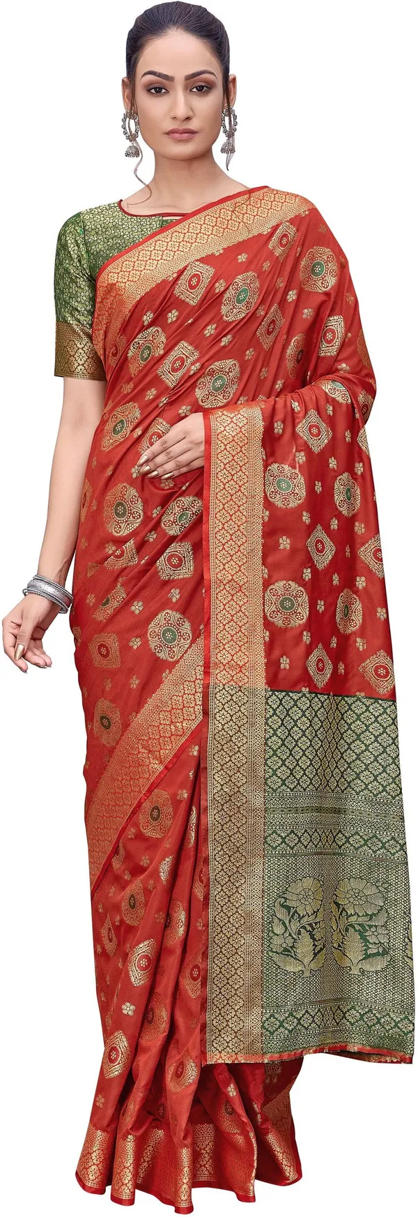 Red_Green_Banarasi_Silk_Blend_Woven_Jacquard_Saree_For_Women_|_With_Blouse_Piece