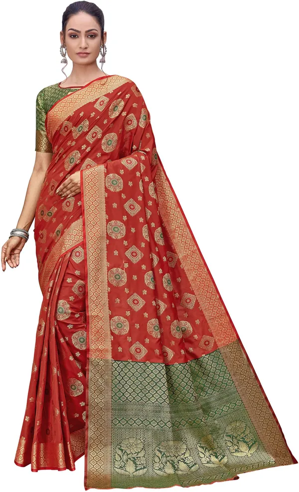 Red_Green_Banarasi_Silk_Blend_Woven_Jacquard_Saree_For_Women_|_With_Blouse_Piece
